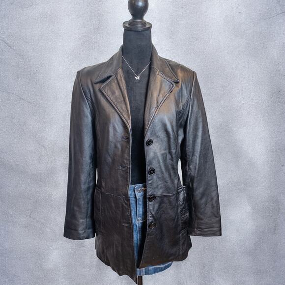 Vintage 90s/Y2K Outbrook Genuine Leather Longline Blazer Jacket Black Small - Picture 4 of 12